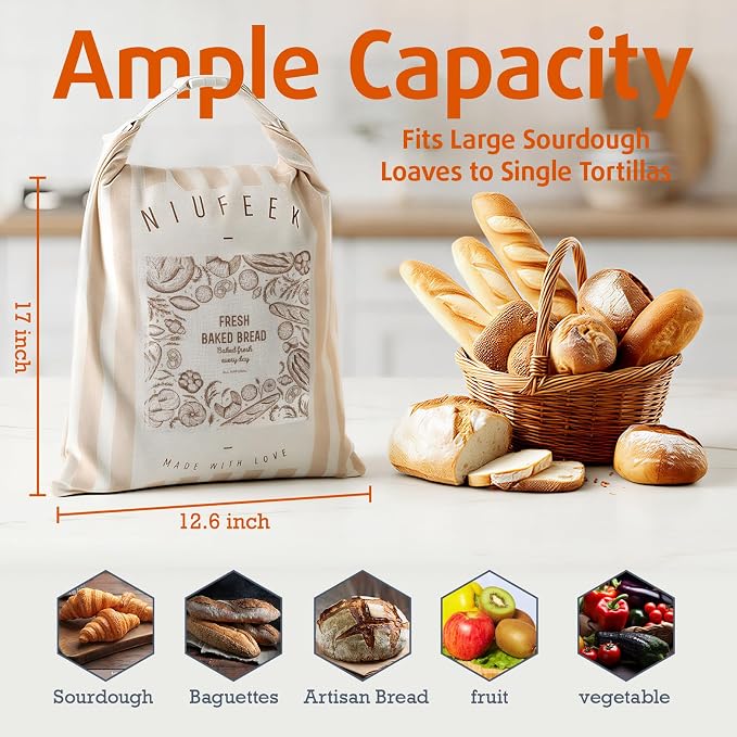 1 Pack Reusable Sourdough Beeswax Bread Bags, Zipper Sealed homemade bread sourdough with Detachable Washable Liner, XL 12.6 x 17Inch Cotton Linen Eco-Friendly Fresh Food Storage for Home & Bakery