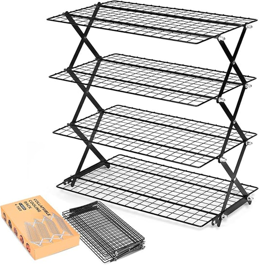 4-Tier Collapsible Cooling Rack with Adjustable 3 Setting Design Cooling Racks for Cooking and Baking Stackable Roasting Cooking Drying Wire Cooling Rack Suitable for Baking Enthusiasts and Beginners