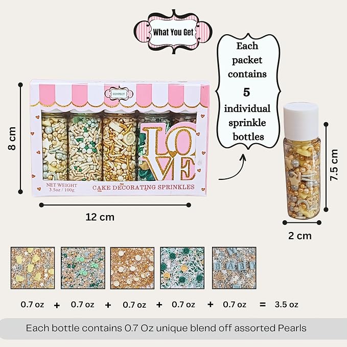 Confect Neutral Baby Shower Sprinkles | Baby Rattle, Onesie & baby Buttons | Gender Reveal Sprinkles | Assorted Pack of 5 Mix Edible Pearls, Jimmies & Star Sprinkle - 5 Oz