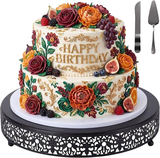 Wenqik 14 Inch Black Cake Stand Set Metal Round Cupcake Dessert Stand with Cake Cutting, Spatula Wedding Cupcake Pastry Display Candy Holder Display for Wedding Party Birthday Baby Shower(Classic)