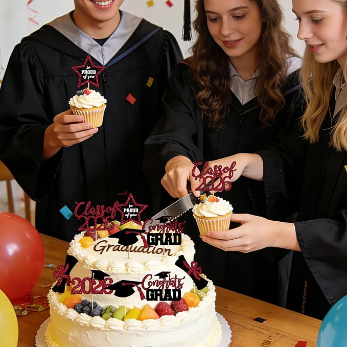 48 PCS Graduation Cupcake Toppers 2026, 6 Styles Grad Cake Topper, Congrats Graduation Decorations, Black and Burgundy Glittery Cap and Diploma Cake Picks for Grad Party Decor Supplies
