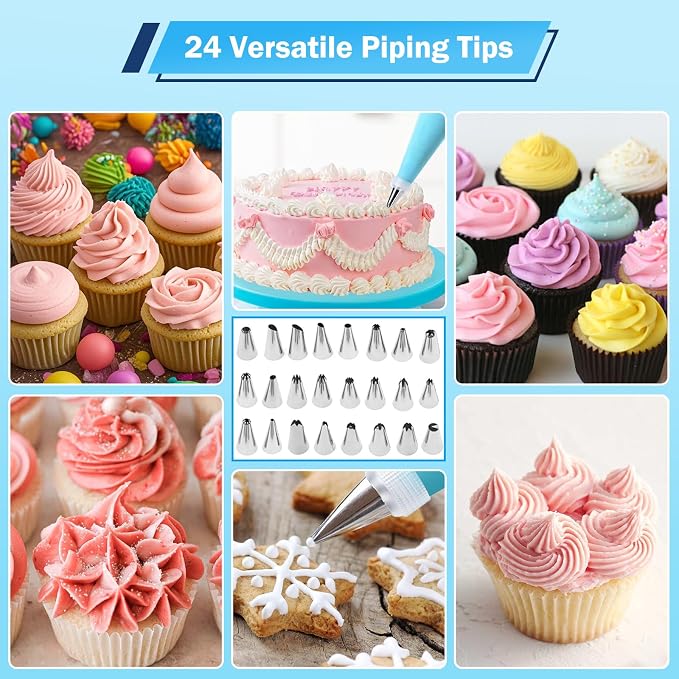 Cake Decorating Kit with Piping Bags and Tips Set | 2 Reusable Piping Bags, 24 Icing Tips, 2 Couplers, 3 Scrapers, 2 Silicone Rings