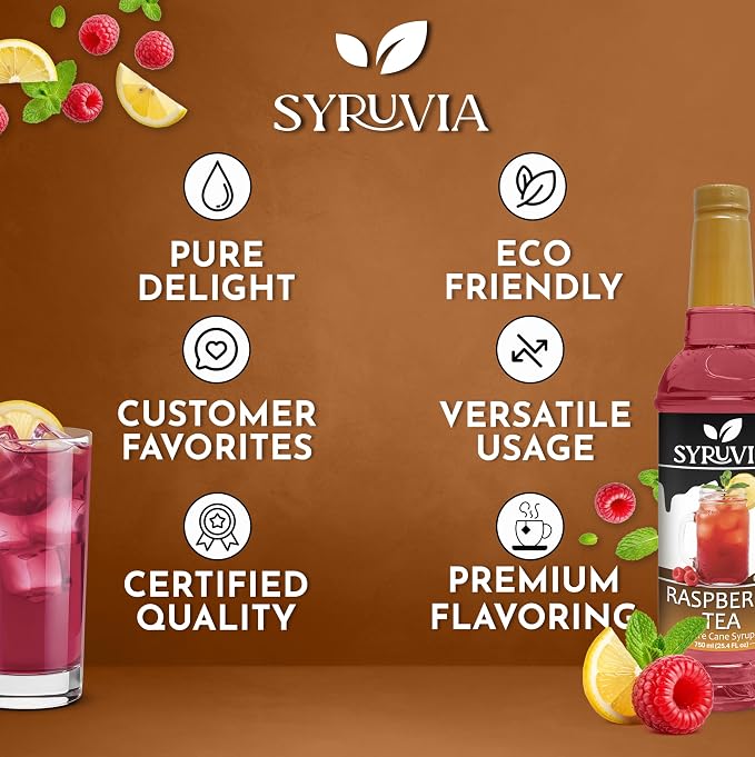 Syruvia Raspberry Tea Syrup, Flavored Syrup for Teas, Drinks, Lemonades, Iced Teas, and Desserts – 25.4 fl oz - with Pump