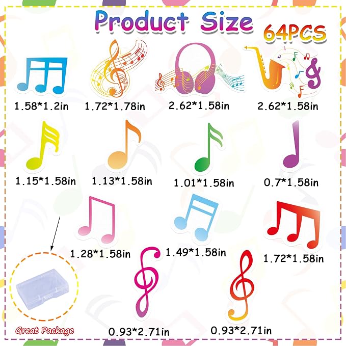 64PCS Edible Musical Notes Cupcake Toppers Wafer Paper Colorful Music Symbol Cake Picks Music Concert Cake Topper Edible Musical Cupcake Picks for Concert Theme Party Decor