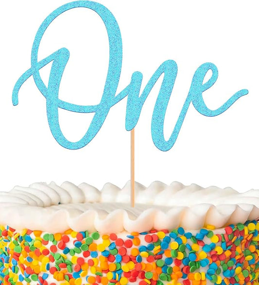 MYAMPED First Birthday Cake Topper - Glitter Light Blue One Sign 1st birthday Cake Decorating Supplies, Suitable for Baby Shower Favors, Gender Reveal, Birthday Party or Photo Booth Props (Light Blue)