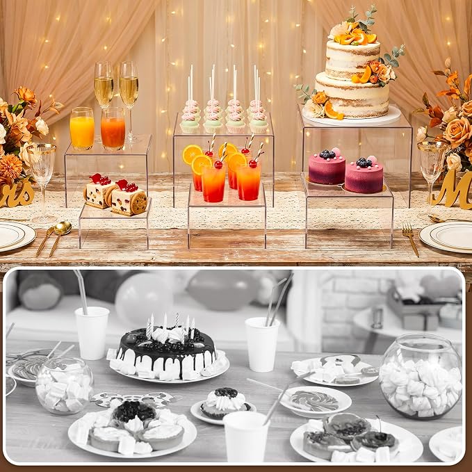6 Pcs Acrylic Buffet Risers, Clear Stackable Food Display Stand, Nesting Cube Box with Hollow Bottom, Food Risers for Buffet Table Dessert Jewelry Catering(8'' 7'' 6'' 5'' 4'' 4'')