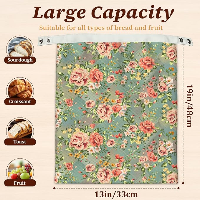 Bread Bags for Homemade Bread, Vintage Floral Rose Flower 2 Pack Linen and Beeswax Sourdough Storage Bags, Reusable Keeper, Keeps Breads Fresh Longer, Gifts for Bakers