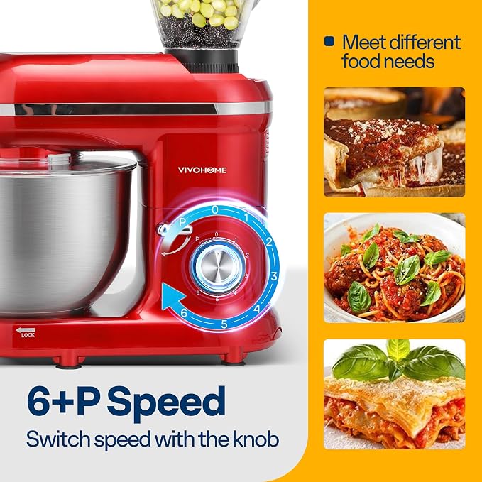 VIVOHOME 3-in-1 Stand Mixer, 6 Quart Electric Tilt-Head Kitchen Mixer with Bowl, Multifunctional Food Mixer with Meat Grinder and Blender Attachments, Dough Hook, Beater, and Whisk, Red