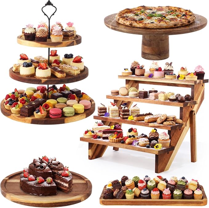 Willinglong 7 Pcs Wood Dessert Table Display Set Wooden 3 Tier Cupcake Stands Rustic Round Cake Stand Dessert Serving Trays Wood 4 Tiered Display Stands for Wedding Baby Shower Birthday Tea Party