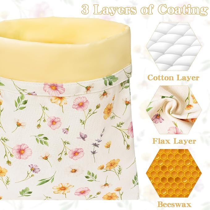 Reusable Beeswax Bread Bags - 3 Pack Bees Wax Food Bag, Homemade Sourdough Bread Storage with Bowl Cover, Linen Cotton Large Beeswax Freezer Container for Home Kitchen (Watercolor Flowers)
