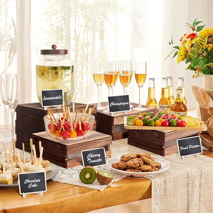 4 Pcs Buffet Risers with Mini Signs, Rustic Wood Cake Stands, Food Risers for Buffet Table, Dessert Display Stand, Wood Crates, Rustic Cake Stand for Party, Wedding, Birthday, Baby Shower, 4 Sizes