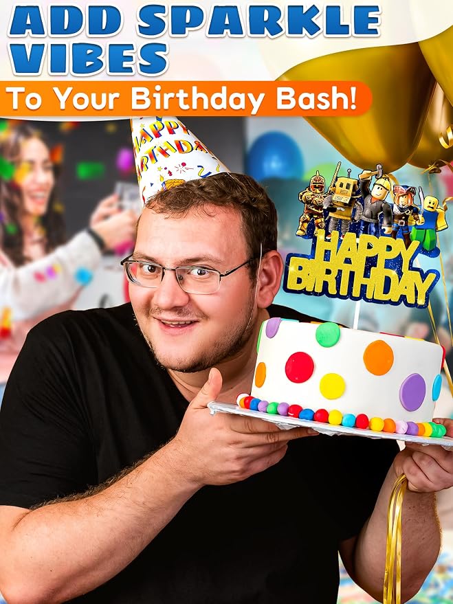Easy Adjusting Gamer Cake Topper with Eye-Catching Design - 5.1"x5.9" Video Game Cake Topper Happy Birthday, Made from Cardboard with Sturdy Plastic Stick - Boy & Girl Gamer Birthday Party Decorations
