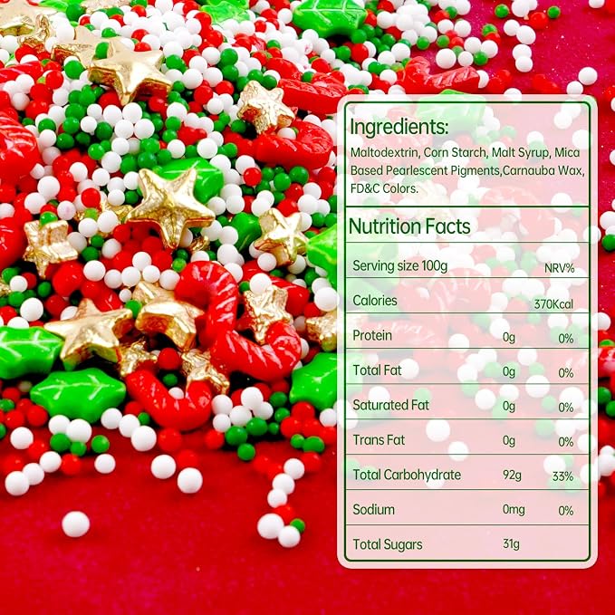 Christmas Sprinkles, Edible Christmas Sugar Sprinkles for Cake Decorating, Cupcake, Cookies, Baking Cake Topper Decorations, Holiday Party Supplies, Cane, Star, Tree, 180g/ 6.35oz