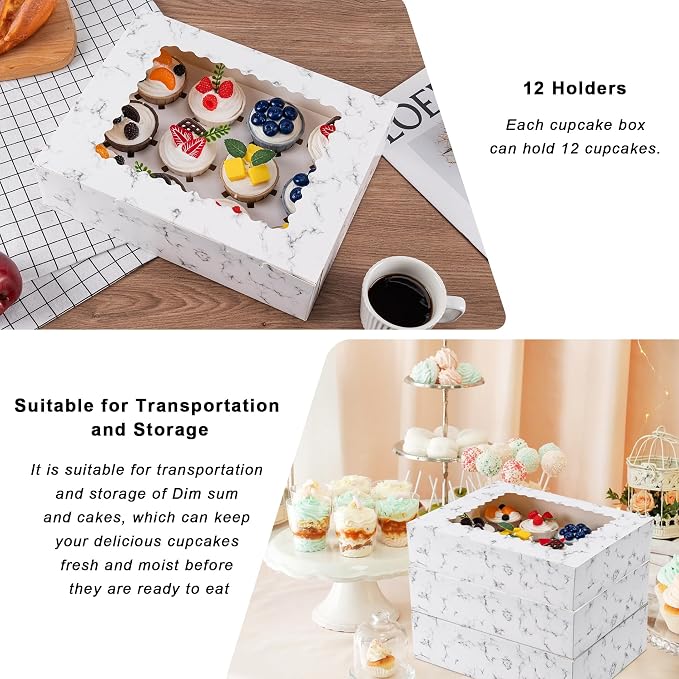 Hoewina 12PCS Cupcake Boxes - Hold 12 Count Cupcake Containers with Window, Food Grade Cupcake Holder Easy Transport and Presentation - Ideal for Cupcakes, Desserts, and More (Marble pattern)