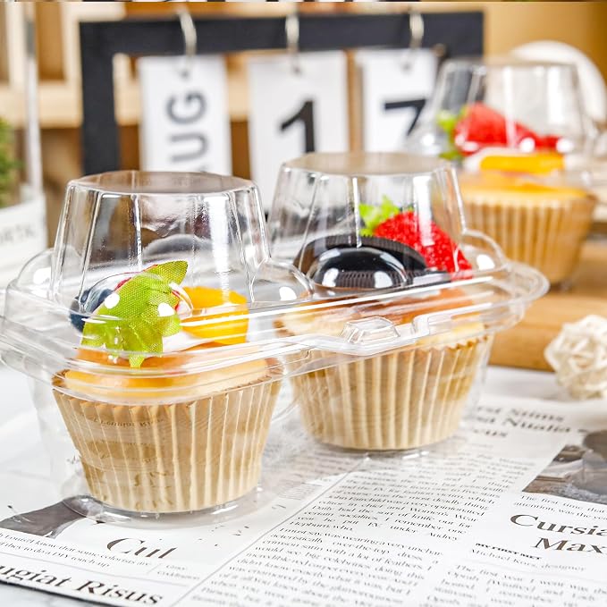 NPLUX 2 Count Cupcake Containers 50 Pack Cupcake Holders with Detachable Tall Dome Lids Clear Plastic Stackable Cupcake Boxes for 100 Cupcakes, BPA Free, Standard Size