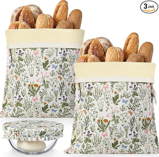 Reusable Beeswax Bread Bags for Homemade Bread Sourdough (2 Pcs 13x17in Bags + 10in Bowl Cover) Floral Cotton 100% Natural Beeswax Coating, Plastic-free Food Storage Wrap(Flower Butterfly)