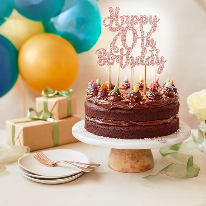 Gyufise 1Pc Happy 70th Birthday Cake Topper Glitter 70 & Fabulous Cheers to 70 Years 70th Birthday Cake Pick for Celebrating 70th Birthday Anniversary Party Cake Decorations Supplies Rose Gold