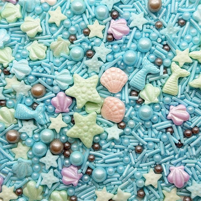 CandiJumpin Under The Sea Sprinkles, Edible Seashells and Starfish for Cake Decorating Ocean Themed Cake Decorations Teal Seashells and Mermaid Sugar Decorations Baby Shower Party Birthday Wedding Christmas Supplies 3 OZ