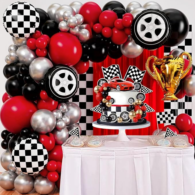 Ercadio 42Pcs Black Red Race Car Birthday Cake Toppers Checkered Flags Wheel Cupcake Toppers Multicolor Balls Cake Decorations for Kids Racing Birthday Cake Decoration Race Car Party Supplies