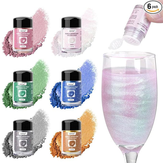 CRPTHE 6 Colors Luster Dust Edible Set, Edible Glitter for Drinks, Food Grade Glitter Shimmer Sprinkle Powder for Cocktails, Baking, Beverages, Cakes, Strawberries, Cookies, Fondant, Vegan(5g/Bottle)