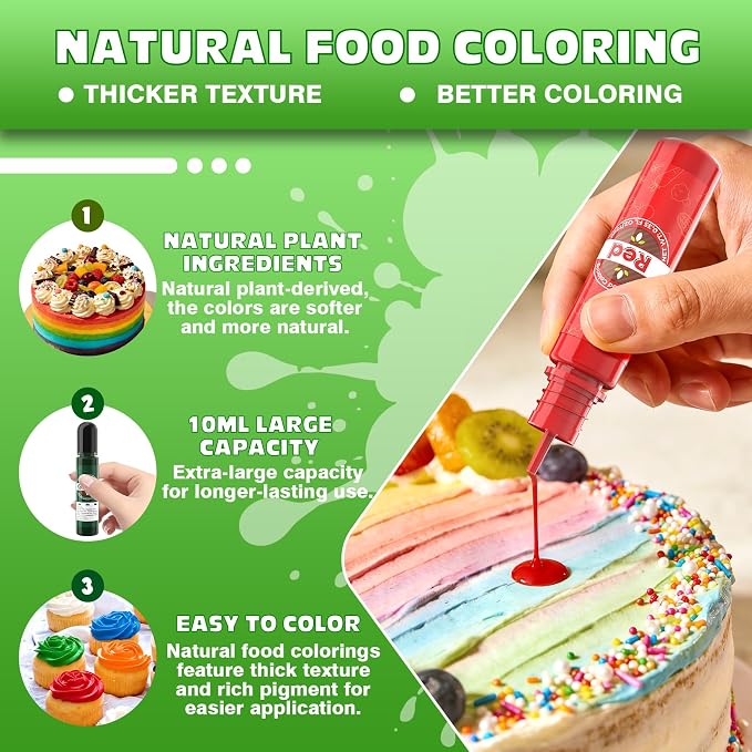 Natural Food Coloring 6 Colors x 10ml, FD&C & Artificial Dye Free Food Coloring Liquid Set, Natural Ingredients Edible Paint for Baking, Cake Decorations, Frosting, Fondant, Stable Color Performance, Easy to Color