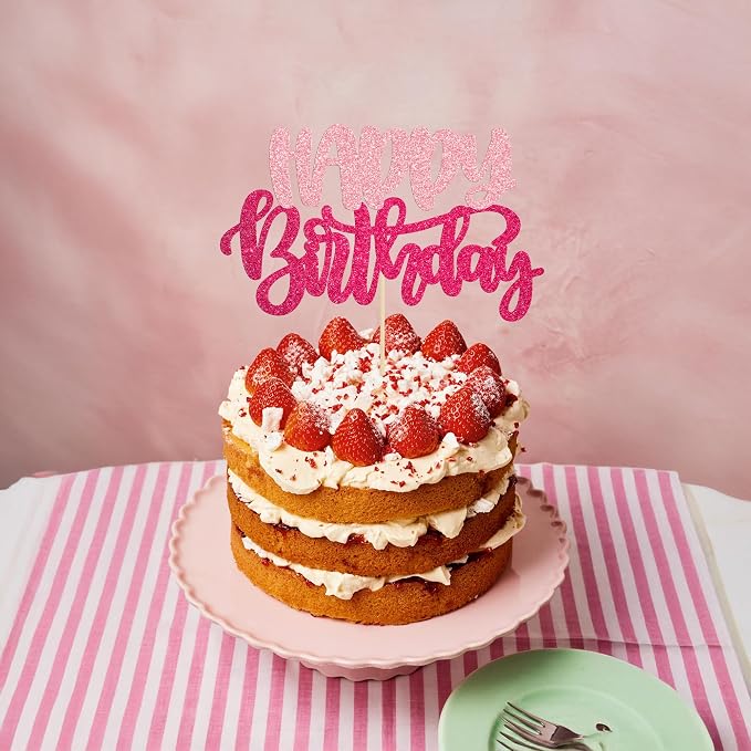 Gyufise 1Pcs Happy Birthday Cake Topper Glitter Happy Birthday Cake Pick for Celebrating Wedding Anniversary Theme Party Cake Decorations Supplies Pink Rose Red