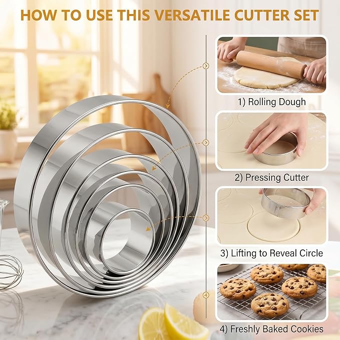 6 PCS Round Cookie Cutters, Stainless Steel Circle Biscuit Cutters for Baking, Multi Size Cookie Shaper for Pastry Donuts Fondant Sandwich
