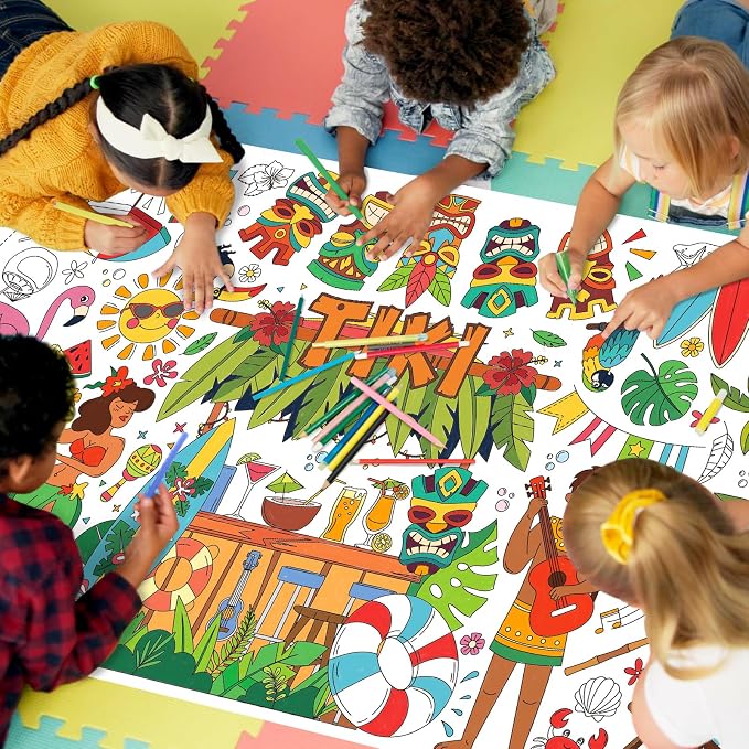 Gatherfun Hawaiian Luau Party Giant Coloring tablecloths, 31.5 x 72 Inches, Hawaiian Party Decorations, Tiki Party Decorations, coloring Table Cover for School Parties