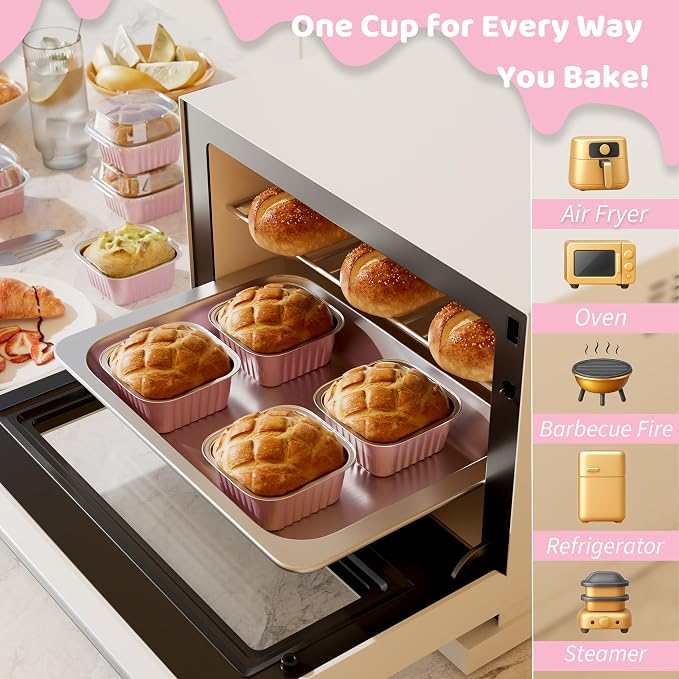 40 Pack 5 OZ Mini Cake Pans with Lids, Disposable Square Aluminum Foil Brownie Baking Cups, Mini Aluminum Foil Cupcake Muffin Tin Ramekins, Flan Molds Cake Containers for Wedding Birthday Party, Pink