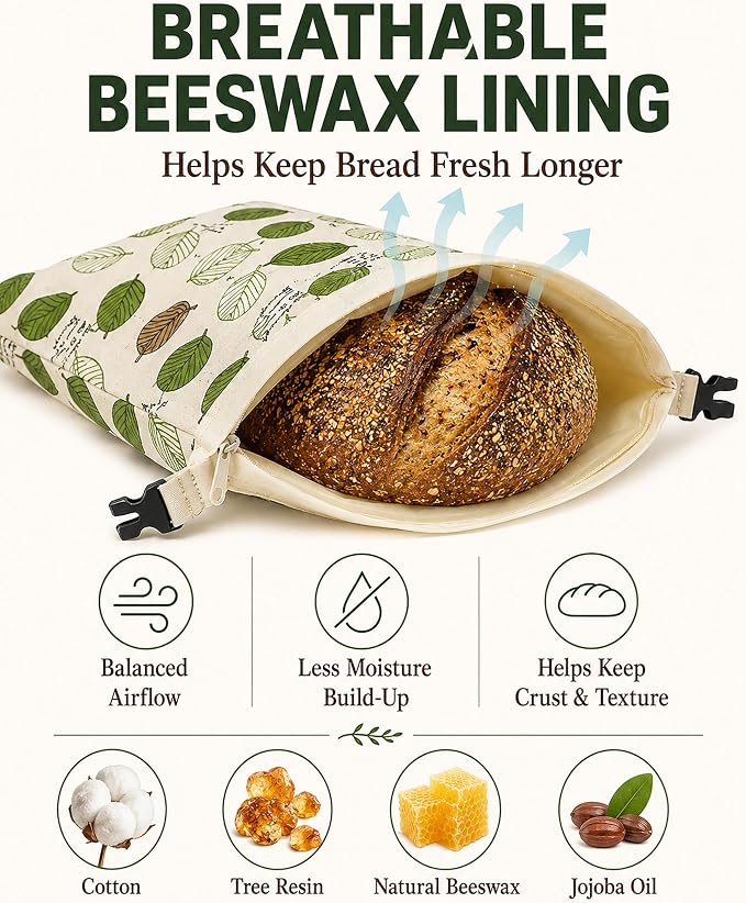 Beeswax Bread Bag for Homemade Bread, Sourdough Bread Bags with Zipper, 2 Pack XL 13"x17" Natural Beeswax Lined Cotton Bread Storage Bags, Freezer Safe, Keep Fresh