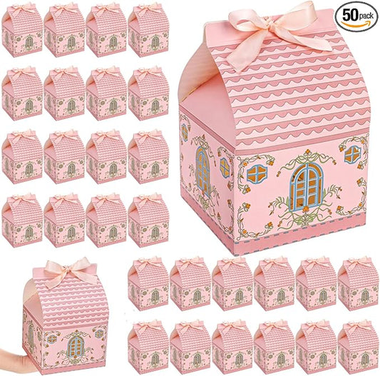Covzoe 50 Pieces House Shaped Gift Boxes, Large Party Favor Treat Box with Handle Ribbons, 5.7 X 5.7 x 8.7 Inch Pink Gable Snack Goodie Cake Containers Bakery Packaging for Housewarming, Birthday, Wedding, Christmas, Valentine's Day