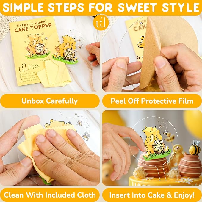 Woodamore Classic Pooh Baby Shower Cake Topper - Acrylic Cake Topper Baby Shower Decorations, Pooh Cupcake Toppers Winnie Birthday Decorations