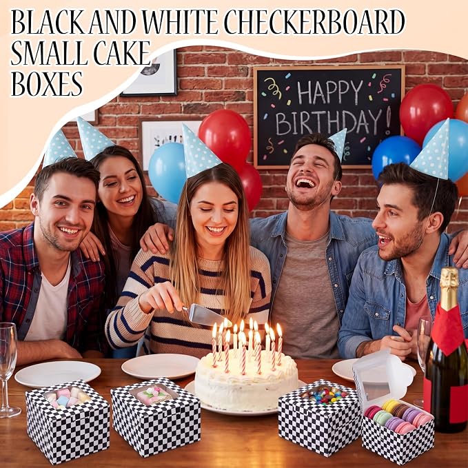 50 Pack Black White Checked Cookie Boxes with Window, 5x5x3 Top-opening Bakery Boxes for Cookie Swap, Brigadeiro, Donuts & Pastries, Small Checked Treat Box for Party Favors