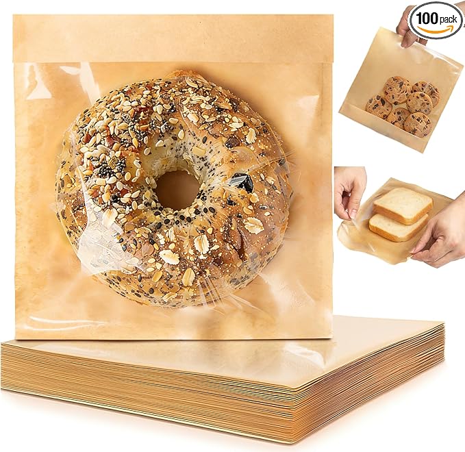 100 Self Sealing Sandwich Bags with Window, Paper Cookie Bags with Seal, Grease Resistant To Go Bakery Sleeves for Packaging Bagels, Donuts, Scone, Brownie, Small Pastries and other Treats