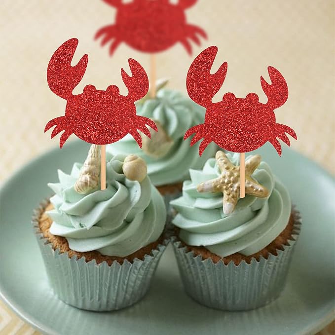 24 PCS Crab Cupcake Toppers Red Glitter Ocean Crab Cupcake Picks Seafood Ocean Animal Theme Baby Shower Kids Birthday Party Cake Decorations Supplies