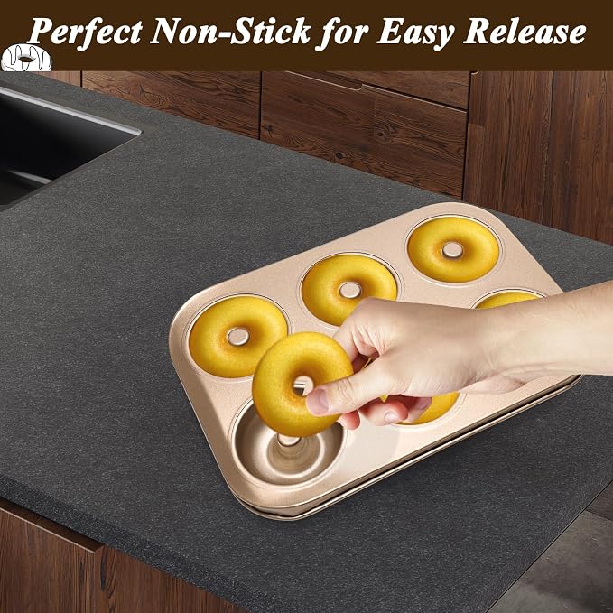 2PCS Donut Pan Carbon Steel 6-Cavity Donut Pan for Baking Doughnut Nonstick & Easy Clean & Dishwasher Safe Donut Mold for Cake, Dessert & Bagel (Champagne Gold)