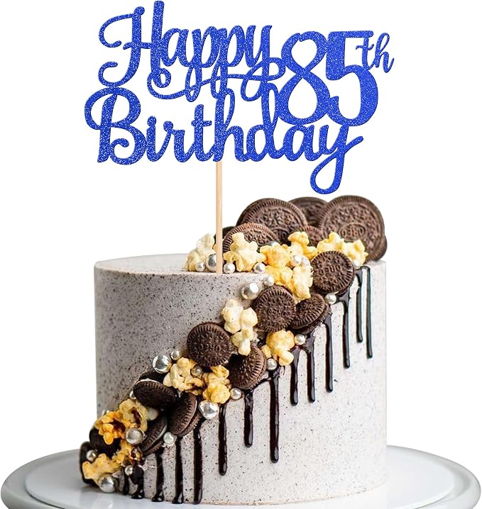 1 PCS Happy 85th Birthday Cake Topper Glitter Cheers to 85 Years Birthday Cake Pick Eighty Five 85 Fabulous Cake Decoration for Happy 85th Birthday Theme Party Decorations Supplies Blue