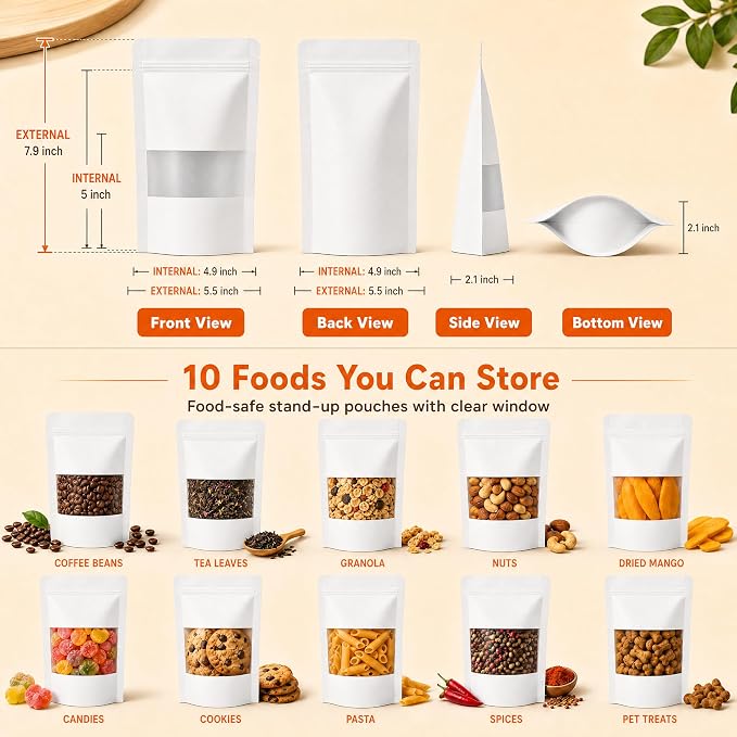 100 Pcs White Kraft Paper Bags with Window, 5.5" x 7.9" Stand Up Pouches Bags, Food Storage Bags for Packaging Products, Reusable, Sealable