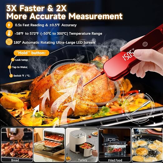Meat Thermometer Digital with 1 Second Instant Read, Large LED Display, Food Thermometer 2026 Upgraded Waterproof Kitchen Meat Thermometer for Grilling, Cooking, BBQ, Oven