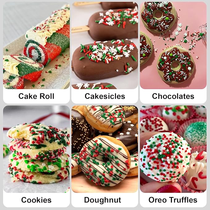 HUEBEATY 6-in-1 Christmas Red and Green Sprinkles for Cookies Baking - 180g Nonpareils, Jimmies, Christmas Tree & Sugar Sprinkles, Holiday Santa Sprinkles Bulk for Cakes, Cupcakes, Hot Chocolate Decorating