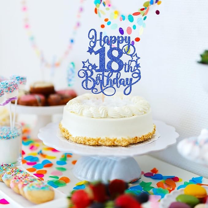 1 PCS Happy 18th Birthday Cake Topper Glitter Cheers to 18 Years Birthday Cake Pick Hello 18 Fabulous Cake Decoration for Happy 18th Birthday Anniversary Party Decorations Supplies Blue