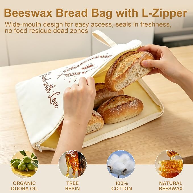 2-Pack Beeswax Bread Bags & 3 Wraps for Sourdough & Homemade – L-Zipper | Natural cotton, 17x13 in bag with wide L-zipper. Includes 3 wraps S/M/L. Reusable, freezer safe, washable, keeps bread fresh.