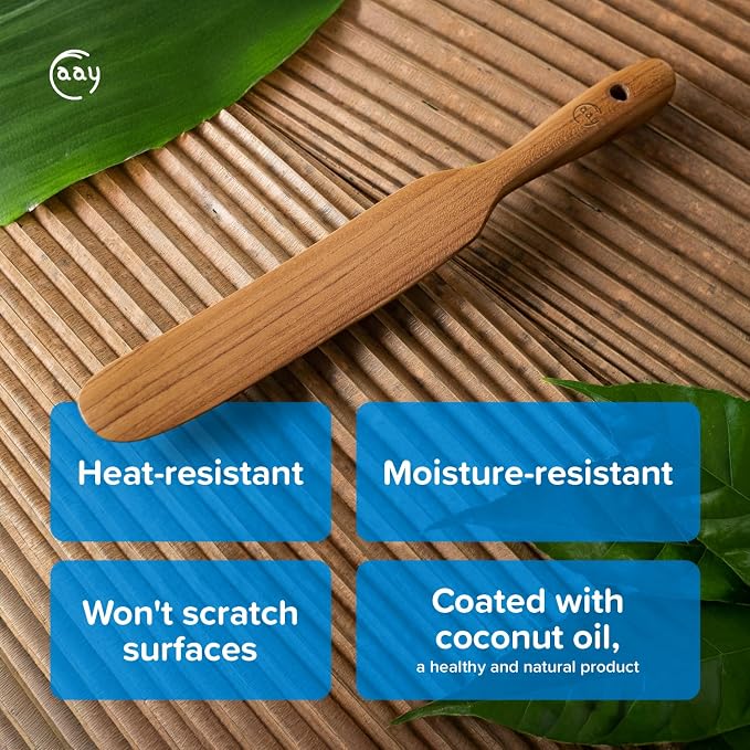 FAAY Teak Wooden Skinny Spurtle Spatula for Sourdough Starter & Jars | Slim angled tip reaches jar bottoms and pan corners; ergonomic teak handle, no lacquer, coconut oil finish, nonstick-safe.