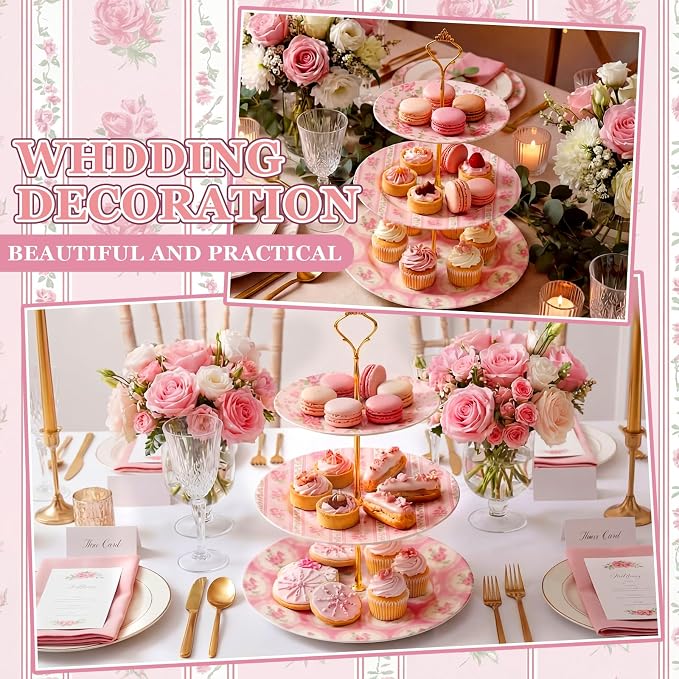 Lallisa 3 Tier Tea Party Cake Stand 10", 9" and 7" Ceramic Shabby Floral Dessert Stand with Metal Rack Coquette Cupcake Tower for Wedding Bridal Shower Baby Shower Decoration