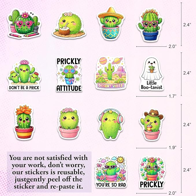 Cactus Stickers 50PCS – Waterproof Vinyl Green Plant Decals for Water Bottles, Laptops, Journaling – Non-Repeating Decals, High-Definition Print Gift for Womens