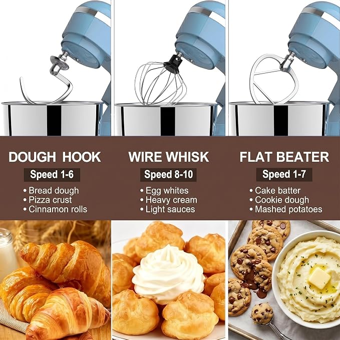 Stand Mixer, 6.5 Quart, 660W, Tilt-Head Food Mixer with 10+ Speeds, Stainless Steel, Multifunctional, for Bread Dough and Cake (Blue)