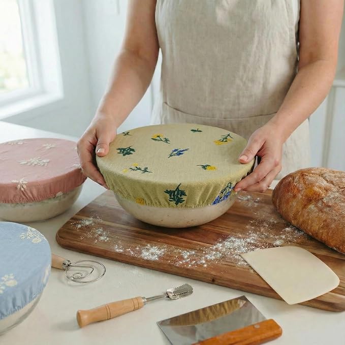 Reusable Bowl Covers (Set of 4) - Breathable Cotton Linen Sourdough Accessories - Elastic Durable Fabric Food Lids for Proofing Baskets & Bread Baking Supplies (Pale Mustard)