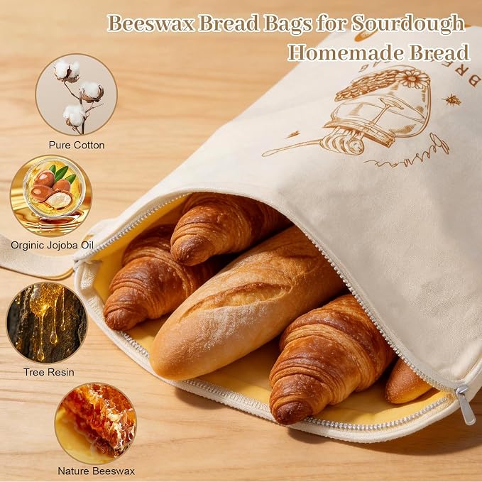 Premium Beeswax Bread Bags for Sourdough, 2 Pack XL 13x17in Wide Zipper Bread Storage Bags, Reusable Natural Fresh-Keeping Bread Bag Ideal for Home Bakers & Homemade Artisan Bread