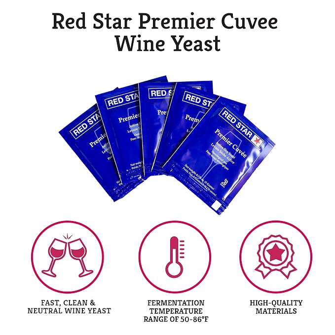 Craft A Brew - Red Star Premier Cuvee Wine Yeast - Fast, Clean, Neutral Dry Wine Yeast - For Reds, Whites & Sparkling Wines - Ingredients for Home Fermenting - Wine Making Supplies - 5 Pack