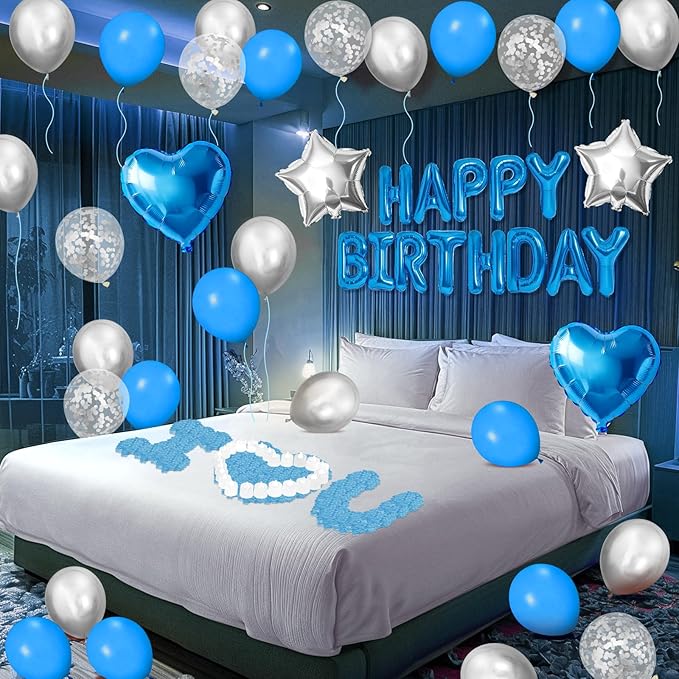 Blue Happy Birthday Balloons Decorations Light Blue Silver Birthday Balloon Letters Banner with Star Heart Balloons 1000 Pcs Artificial Rose Petals 24 Flameless LED Candles for Birthday Party Supplies